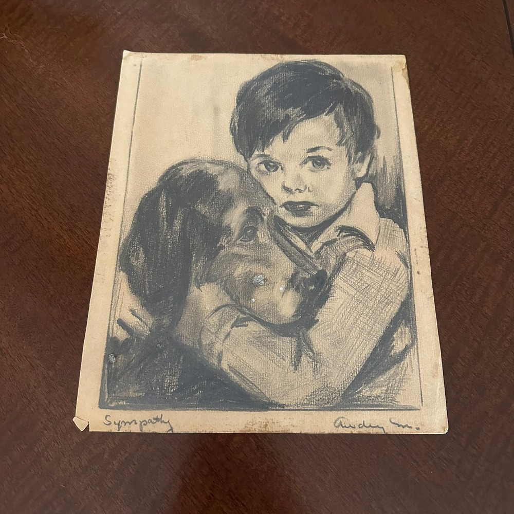 Vintage Sketch Art Sympathy Boy Hugging Dog Audrey Pencil Charcoal Drawing